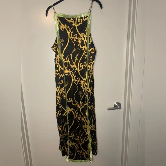 NWT Ganni Black Panel Ruffle Slip Dress, 36, green trim gold chain print - Picture 7 of 12